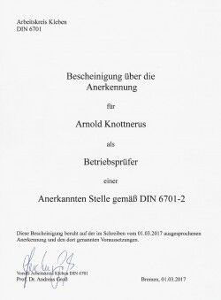 Certificaat auditor DIN6701-2 Arnold Knottnerus