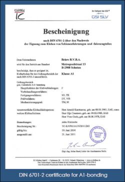 DIN 6701 klasse A1 certificaat Bekro Composieten